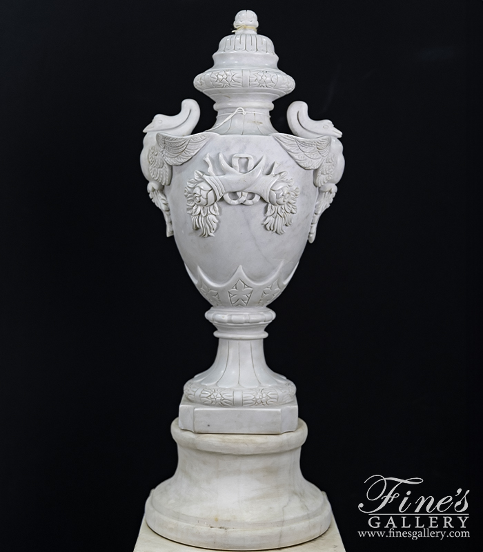 Marble Planters  - Highly Ornate Urn And Pedestal Pair In Statuary Marble - MP-543